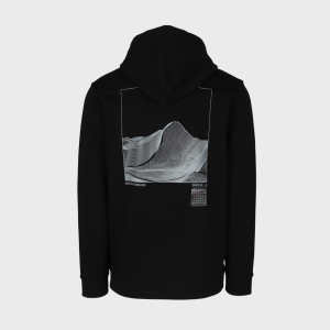 Black Outeniqua Bound Men's Traverse Hoodie with a mountain print