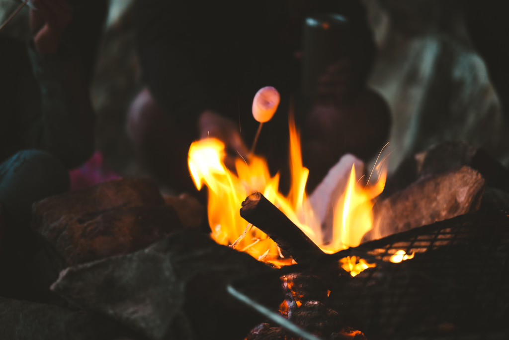 Close-up of campfire flames at night