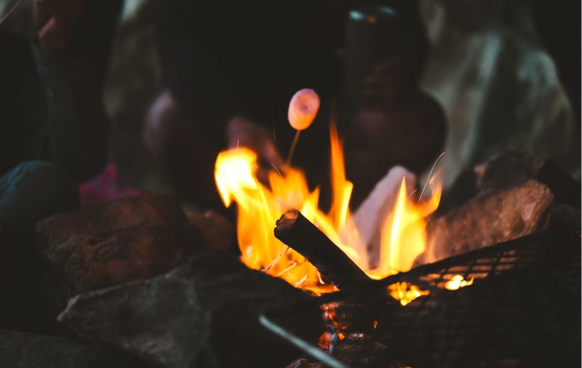 Close-up of campfire flames at night