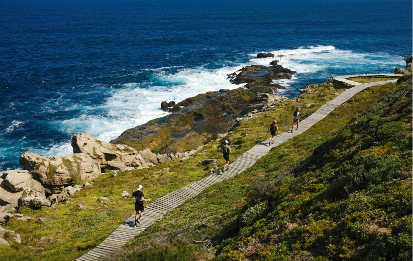 Walking path along a rocky coastline with crashing waves