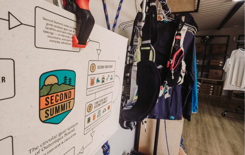 Second Summit gear wall with pre-loved outdoor clothing on display