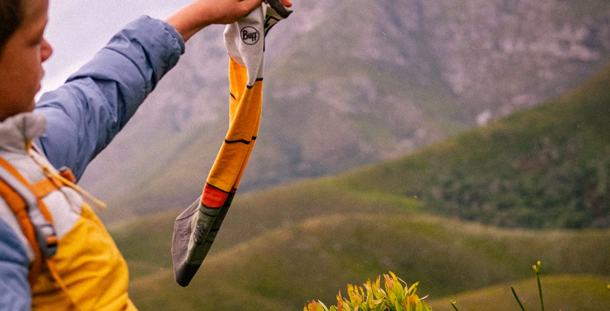 Hiker holding up a wild flower above a green mountain valley